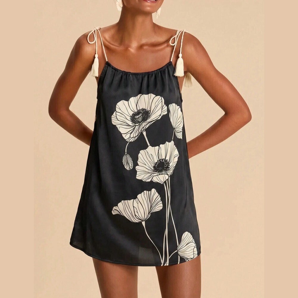 Black / Ivory Cream Floral Print Tassel Tie Strap Loose Cover Up Dress